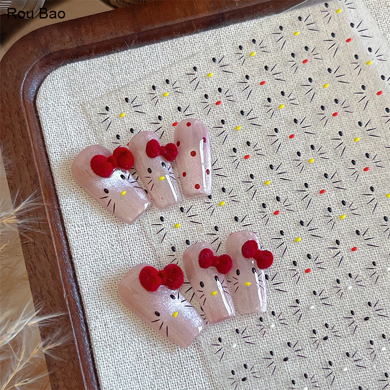 Rou Bao Nail Kitty Expression สติกเกอร์สีดําสีชมพูโบว์สีแดงพร้อมกาวด้านหลังเล็บ Art DIY ตกแต่ง