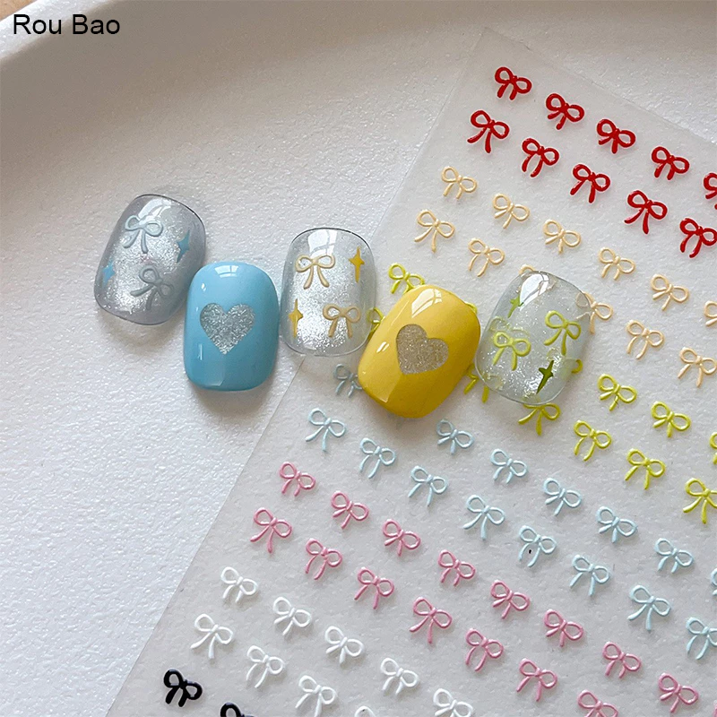Rou Bao เล็บโบว์ริบบิ้นสติกเกอร์สีดําสีขาวสีเหลืองชมพูสีฟ้าด้านหลังกาวเล็บ Art DIY ตกแต่ง