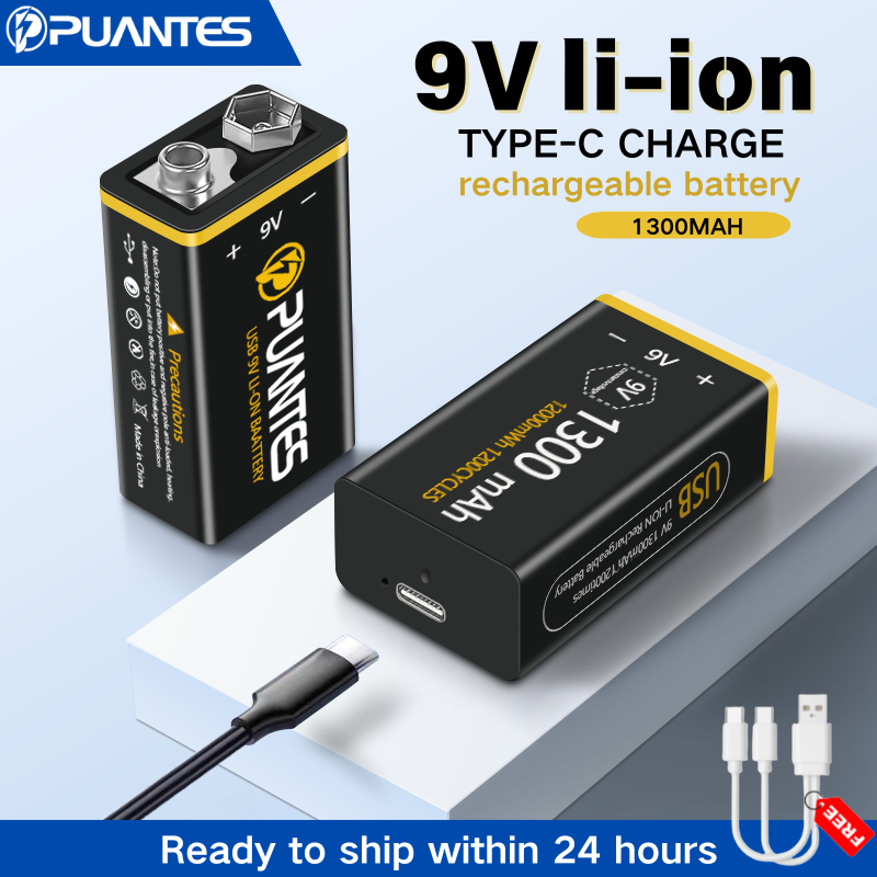 PUANTES 9V 1300mAh 6F22 แบตเตอรี่ Type-C USB ชาร์จพอร์ต Li-ion แบตเตอรี่แบตเตอรี่ลิเธียมสมาร์ทแท็กแบตเตอรี่