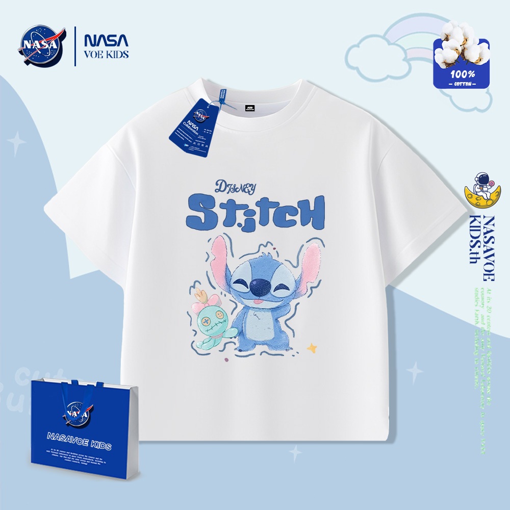 พร้อมส่งภายใน 24 ชม. 【ของพร้อมส่ง】เสื้อยืดเด็ก NASA สีขาว ผ้าฝ้ายพรีเมียม ลายสติทช์ (Stitch) สำหรับเด็กชาย-เด็กหญิง ดีไซน์สไตล์เกาหลีน่ารัก