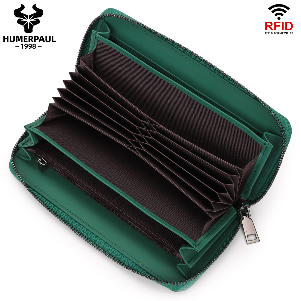 HUMERPAUL ยาวกระเป๋าสตางค์ผู้หญิง Multi slot บัตรเครดิตแพคเกจ Soild สี Casual Retro ซิปกระเป๋าโทรศัพท์กระเป๋า Cowhide หนัง HU103 - รูปที่ 4