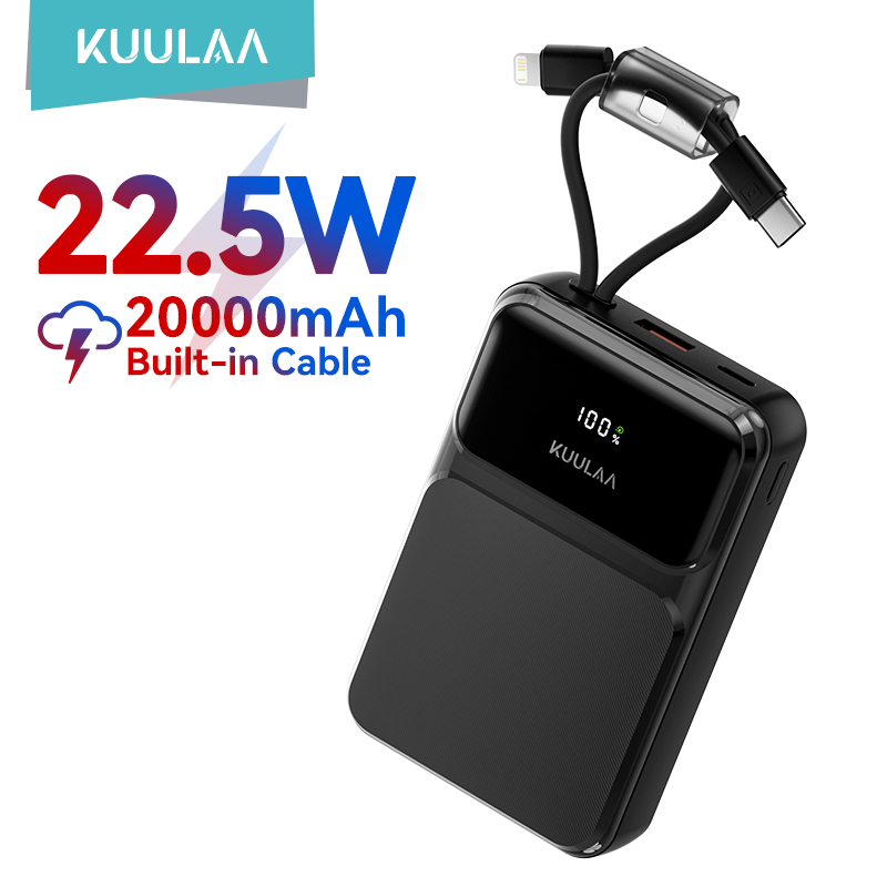 [10000mAh 20000mAh 30000mAh]KUULAA แบตสํารองความจุสูงชาร์จเร็วกันน้ําสําหรับ iPhone Android พร้อมสาย
