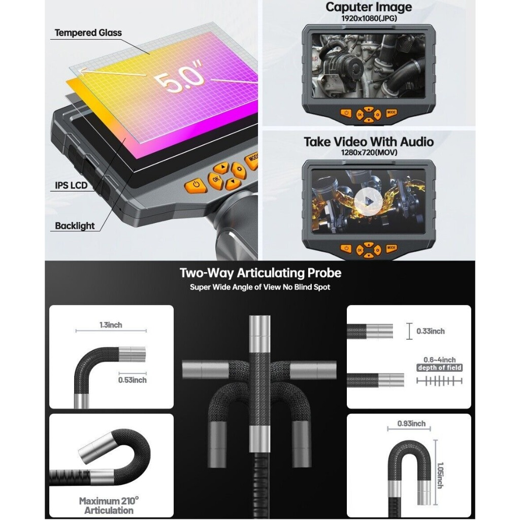 Wireless Share Borescope | 5" IPS LCD | หัววัด 8.5มม | 3000มะห์ 32กิกะไบต์