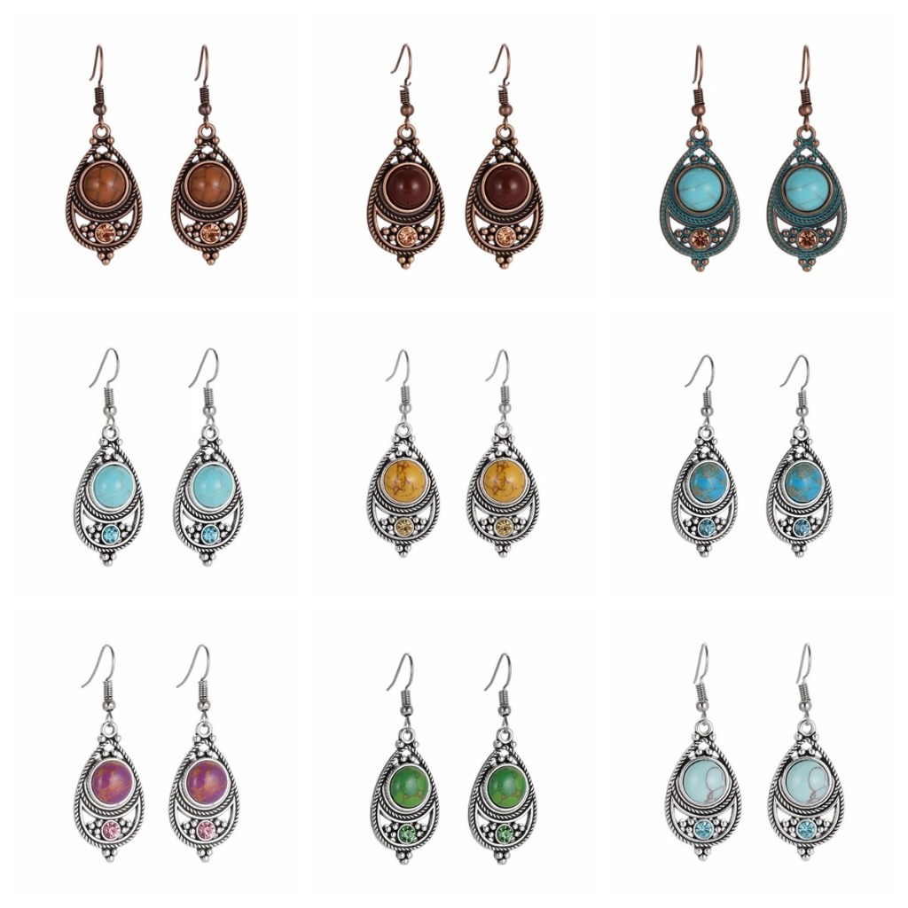 ต่างหู Boho เรขาคณิต หินธรรมชาติ สแตล์Vintage สีล้ำเงิน ทรงหยดน้ำ แฟชั่นใหม่