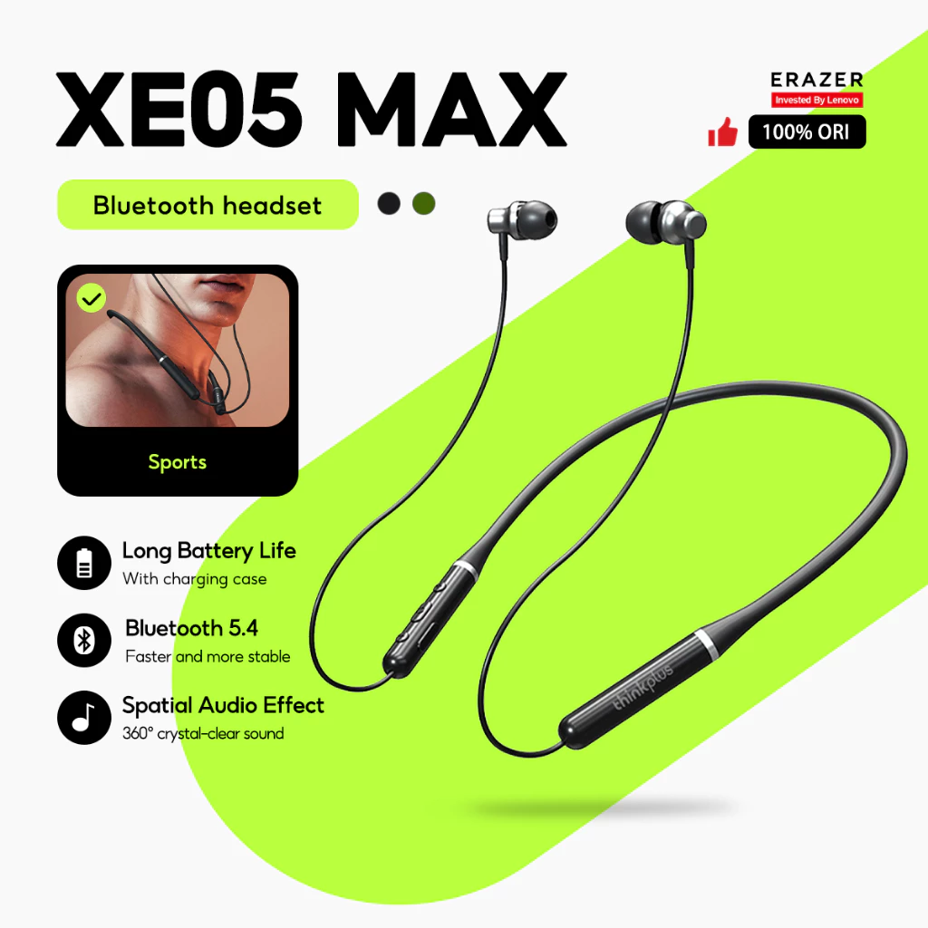 Lenovo หูฟัง Erazer XE05 Max หูฟังแม่เหล็กหูฟังกีฬาแบบคล้องคอบลูทูธ 5.4 IPX5 กันน้ําพร้อมไมโครโฟนเอียร์บัด