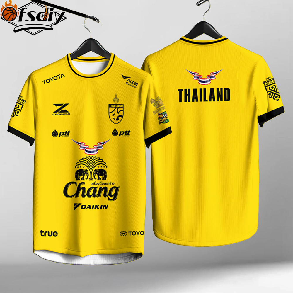 เสื้อฟุตบอลทีมชาติไทย สีเหลืองสดใส ระบายอากาศดีสำหรับแฟนๆ