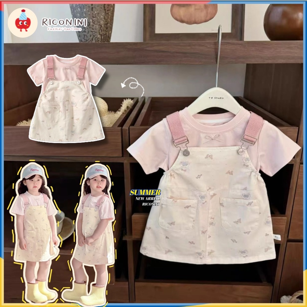 RICONINI2025 ใหม่เด็กวัยหัดเดินสาวฤดูร้อนชุด-หวานกระต่ายสีชมพูเสื้อยืดและการ์ตูน Overalls ชุดเสื้อผ้าเด็กน่ารักชุด