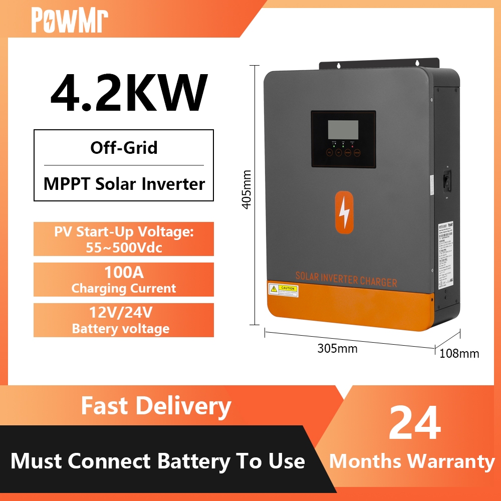 PowMr 4.2KW Hybrid Solar Inverter Pv Input Max 500Vdc สามารถเชื่อมต่อแบตเตอรี่ 12V หรือ 24V Lifepo4 