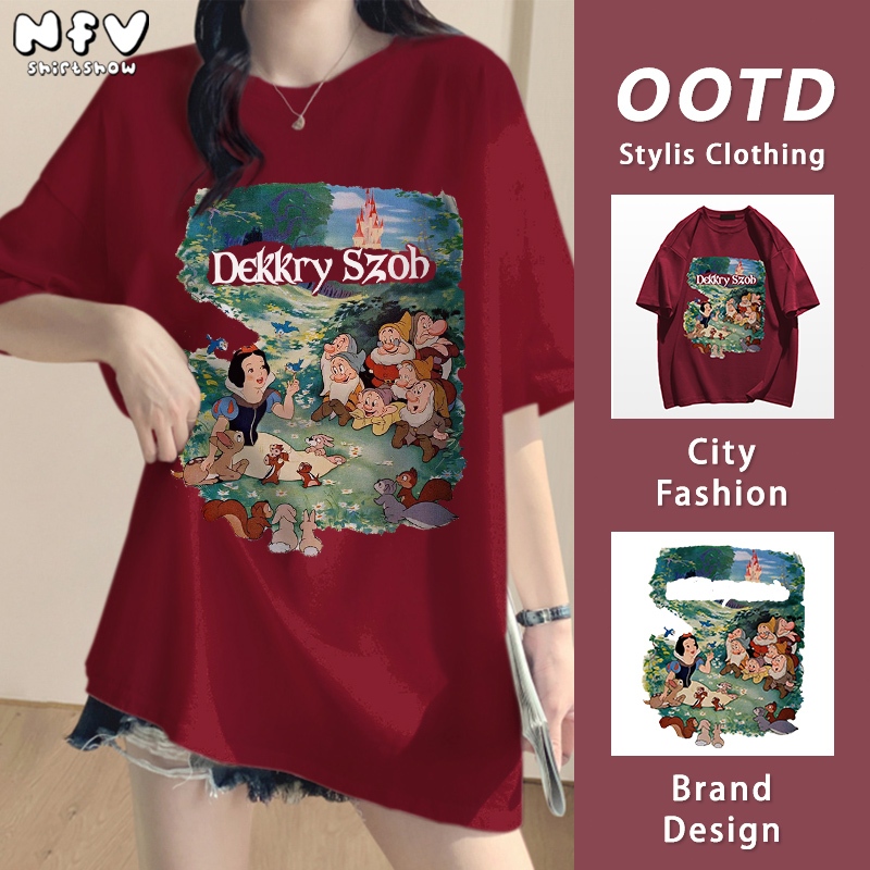 (จัดส่งตลอด 24 ชั่วโมง) NFV เสื้อยืดคอตตอนแขนสั้น สไตล์oversized ลายสกรีนสโนว์ไวท์ Disney YG262