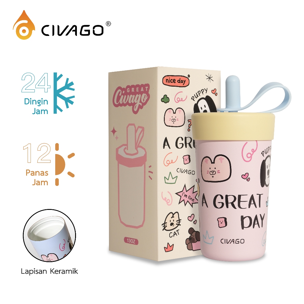 ​CIVAGO（13oz/390ml）ทันสมัย​แก้วน้ําฟางแบบพกพาถ้วยสูญญากาศสแตนเลสพร้อมเคลือบเซรามิก
