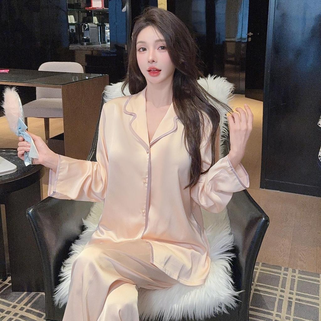 ชุดนอนสุภาพสตรี_high-end ผ้าไหมแขนยาว สไตล์หรูสำหรับฤดูร้อน