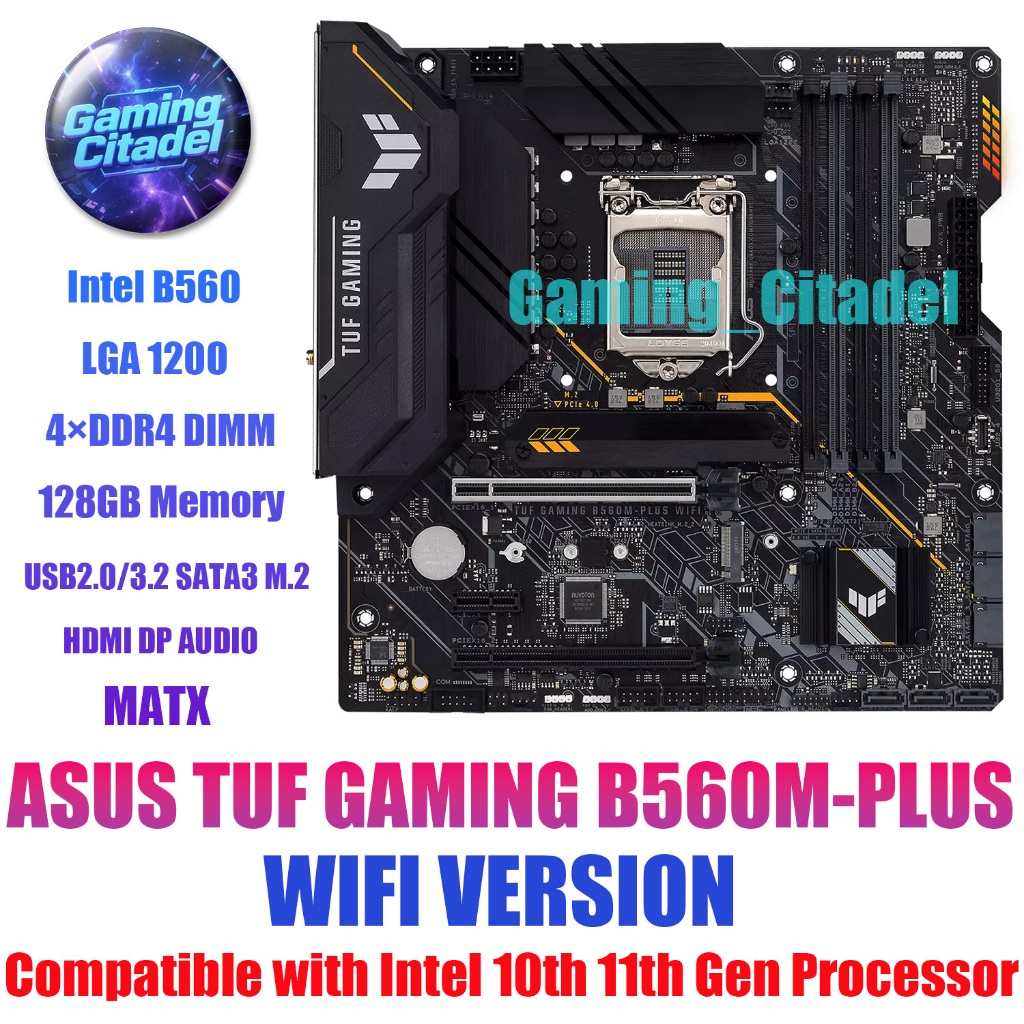 ใช้เมนบอร์ด ASUS TUF GAMING B560M-PLUS WIFI DDR4 MATX เข้ากันได้กับโปรเซสเซอร์ Intel 10th 11th Gen ท