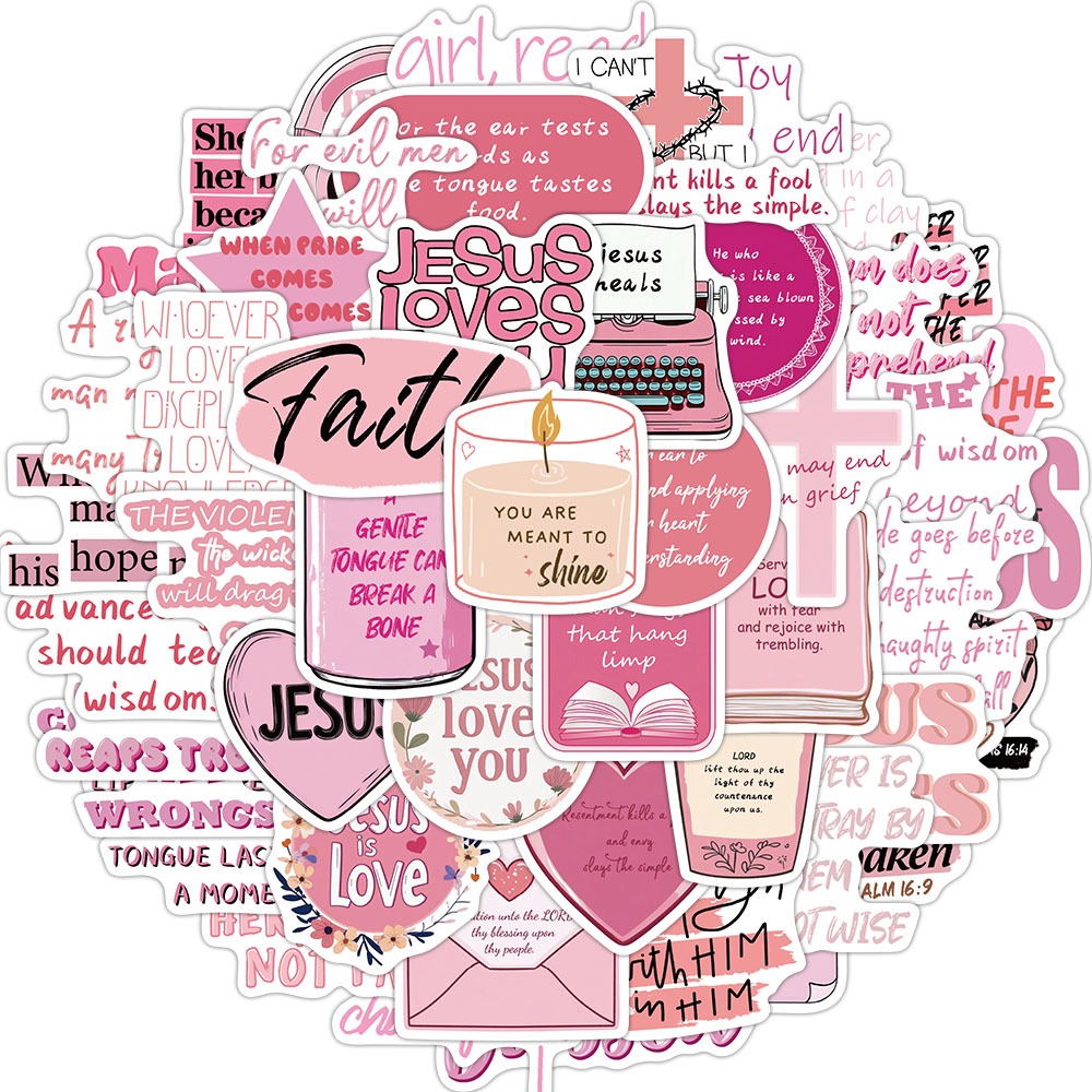 [สติกเกอร์ขนาดใหญ่]50ชิ้นสีชมพูพระคัมภีร์คริสเตียนสติกเกอร์การ์ตูนพระเยซูรักคุณรูปลอกสําหรับแล็ปท็อปโทรศัพท์กีตาร์ถ้วยสติกเกอร์กันน้ํา