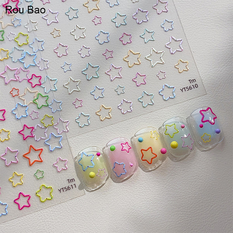 Rou Bao Nail สติ๊กเกอร์ดาวกลวงสีสันสดใสพร้อมกาวด้านหลังเล็บตกแต่ง DIY