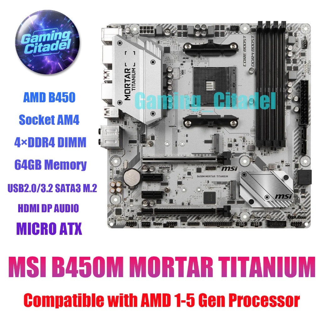 ใช้ MSI B450M MORTAR TITANIUM Gaming DDR4 MATX เมนบอร์ด AMD AM4 DDR4 เข้ากันได้กับโปรเซสเซอร์ AMD 1-