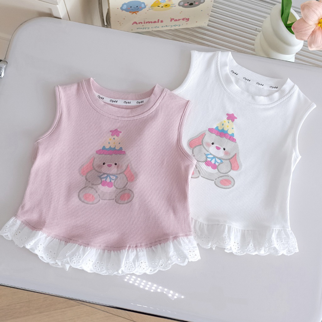 เสื้อกั๊กการ์ตูนเด็กผู้หญิงสไตล์ใหม่น่ารักหมีพิมพ์ลูกไม้สไตล์ตะวันตกทุกการแข่งขันด้านบน