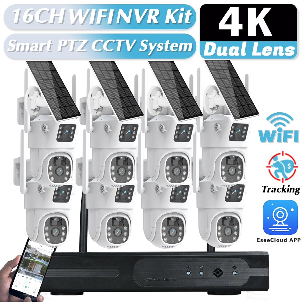 8MP ไร้สายแบตเตอรี่ขับเคลื่อนกล้องชุด 5MP 16CH WiFi NVR กลางแจ้ง Wifi Ptz พลังงานแสงอาทิตย์ CCCTV กา