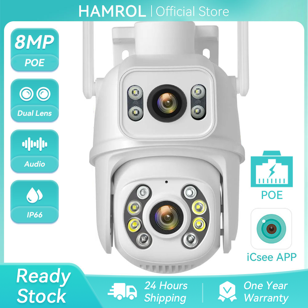 Hamrol 4K 8MP Dual Lens PTZ POE IP Camera Video Outdoor waterproof  Human Detect Security CCTV