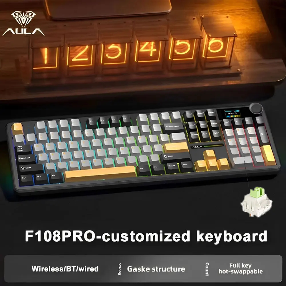 AULA F108 Pro 3 Mode Wireless Mechanical Keyboard with Display Konb RGB Light 8000mAh Battery GASKET Structure Customed 108 Keys for Esports Games Keyboard Windows/ MAC<p>“><center><h4></h4><p><p><font color=