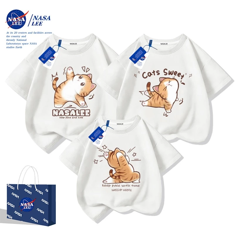 เสื้อยืดเด็ก NASA ลายแมวโยคะ Yoga Cat ผ้าฝ้าย สีขาว