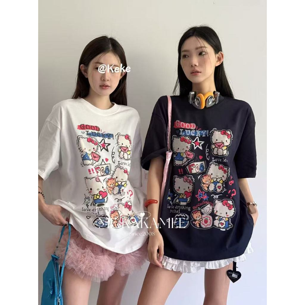 เสื้อยืดแขนสั้น 3เอ็กแอล เคที ผ้าฝ้าย 100% ขนาดใหญ่เกินไป ผ้าฝ้ายแท้เสื้อยืดหลวมสาวด้านบนแขนสั้นเสื้อยืดบางผู้หญิงรอบคอ