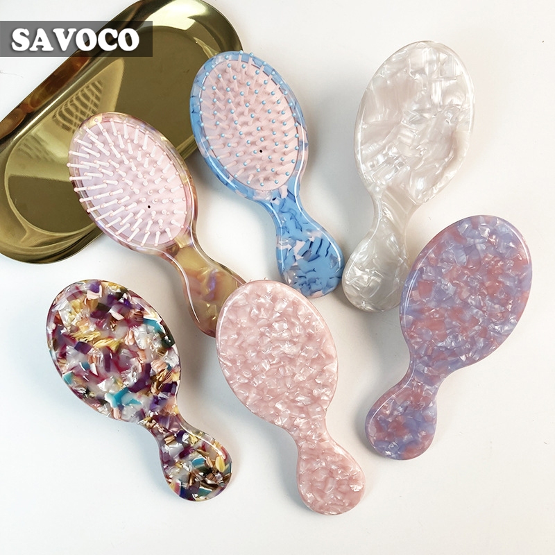 SAVOCO กรดอะซิติกขนาดเล็กหินอ่อนรอบเบาะลมหวีหญิงทำผมรูปไข่หวีเรียบแปรงผม SR008