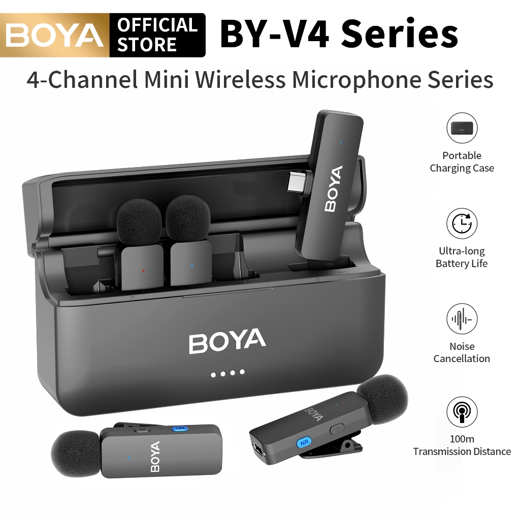 BOYA BY-V4 ไมค์ลอยไร้สาย  ที่รองรับไมโครโฟนพร้อมกันได้สูงสุด 4 สำหรับ Vlog iPhone Type-C 3.5mm