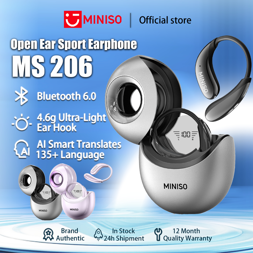 MINISO MS206 AI การแปลหูฟังหูฟังไร้สายบลูทูธ 6.0 เปิดหู IPX5 หูฟังไร้สายกันน้ําหูฟังกีฬา