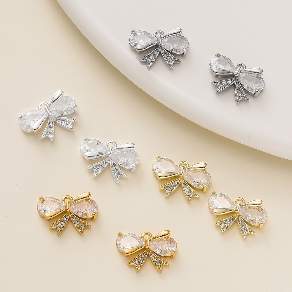 St.Kunkka 2 ชิ้น จี้โบว์ทอง18K พร้อมเพทายเทียม สำหรับทำสร้อยคอ DIY