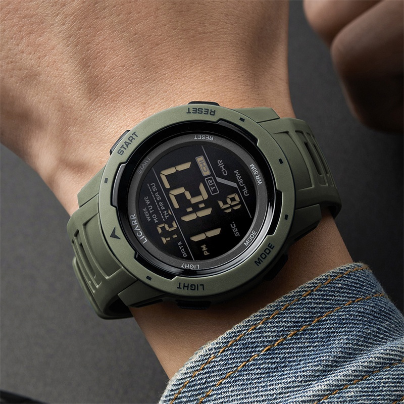 LICARR นาฬิกาดิจิตอลแฟชั่นนาฬิกาผู้ชายกีฬากันน้ําวันที่ LED นาฬิกาปลุก 9519