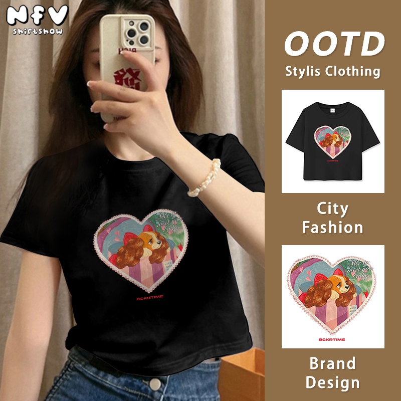 เสื้อยืดเซ็กซี่ แฟชั่นสไตล์เกาหลี เสื้อยืดคอกลมทรงเข้ารูป ใส่แล้วดูผอม เรียบง่ายแต่ดูดี เอวยางยืด ผู้หญิง ลายสัตว์รูปหัวใจ baby tee YG2103
