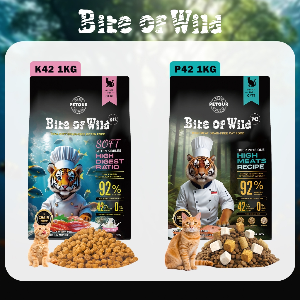 LIVE Bite Of Wild อาหารแมว 1 กก. K42 (Easily Digestible)  Suitable for Pregnant Ccats and Kittens. P42 (Holistic)  Suitable for Cats of all ages. เนื้อหาเนื้อ 92% และโปรตีน 42% ธัญพืช 0%