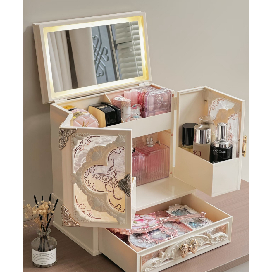 【Super living】flower konws style อะคริลิแต่งหน้ากล่องเก็บความจุขนาดใหญ่นําสามสีกระจกเครื่องสําอางสําหรับสาวๆเพื่อนแฟนของขวัญวันเกิด
