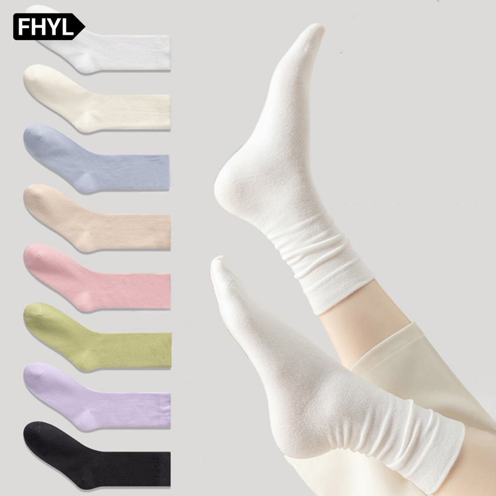 FHYLฟห์ล ผู้หญิงเกาหลีแข็งสบาย ๆ สีขาวถุงเท้าสูงด้านบนผ้าฝ้ายแฟชั่นถุงเท้านุ่มปากกว้างสําหรับผู้หญิง