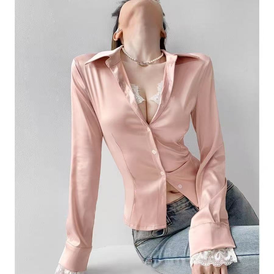 เสื้อแขนยาวสไตล์เกาหลีสำหรับผู้หญิง ดีไซน์เอวบาง สวมใส่สบายด้วยเนื้อผ้าลูกไม้ซาติน