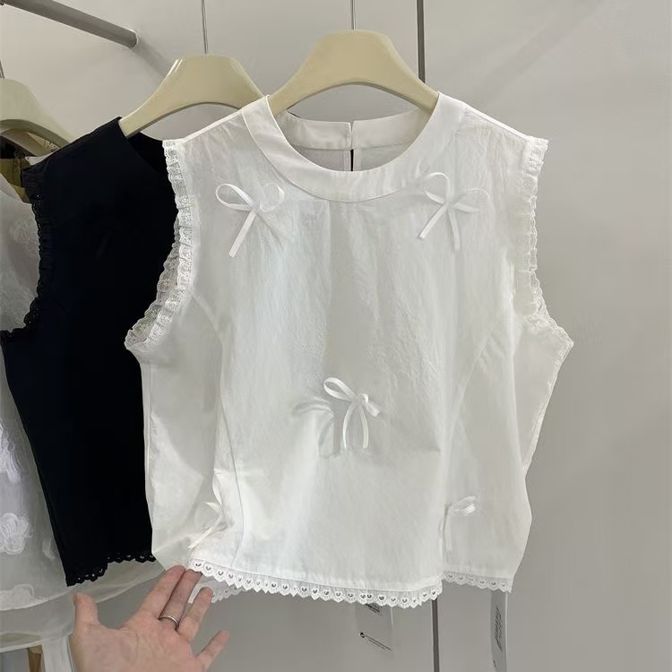 เสื้อแขนกุดสไตล์เกาหลีสำหรับสุภาพสตรี ออกแบบด้วยลูกไม้และโบว์