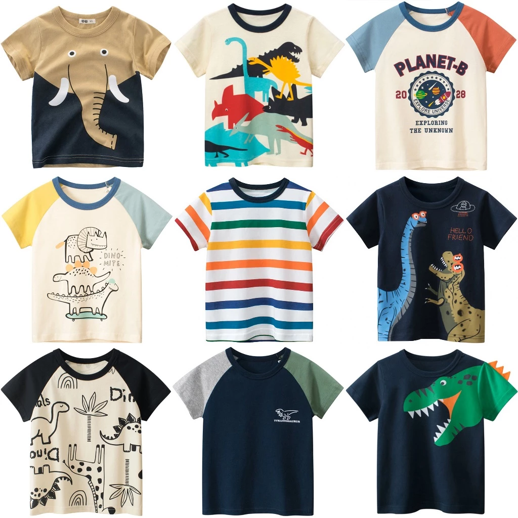 เสื้อยืดแขนสั้น ผ้าฝ้าย พิมพ์ลายไดโนเสาร์ สีสันสดใส แฟชั่นสําหรับเด็กผู้ชาย