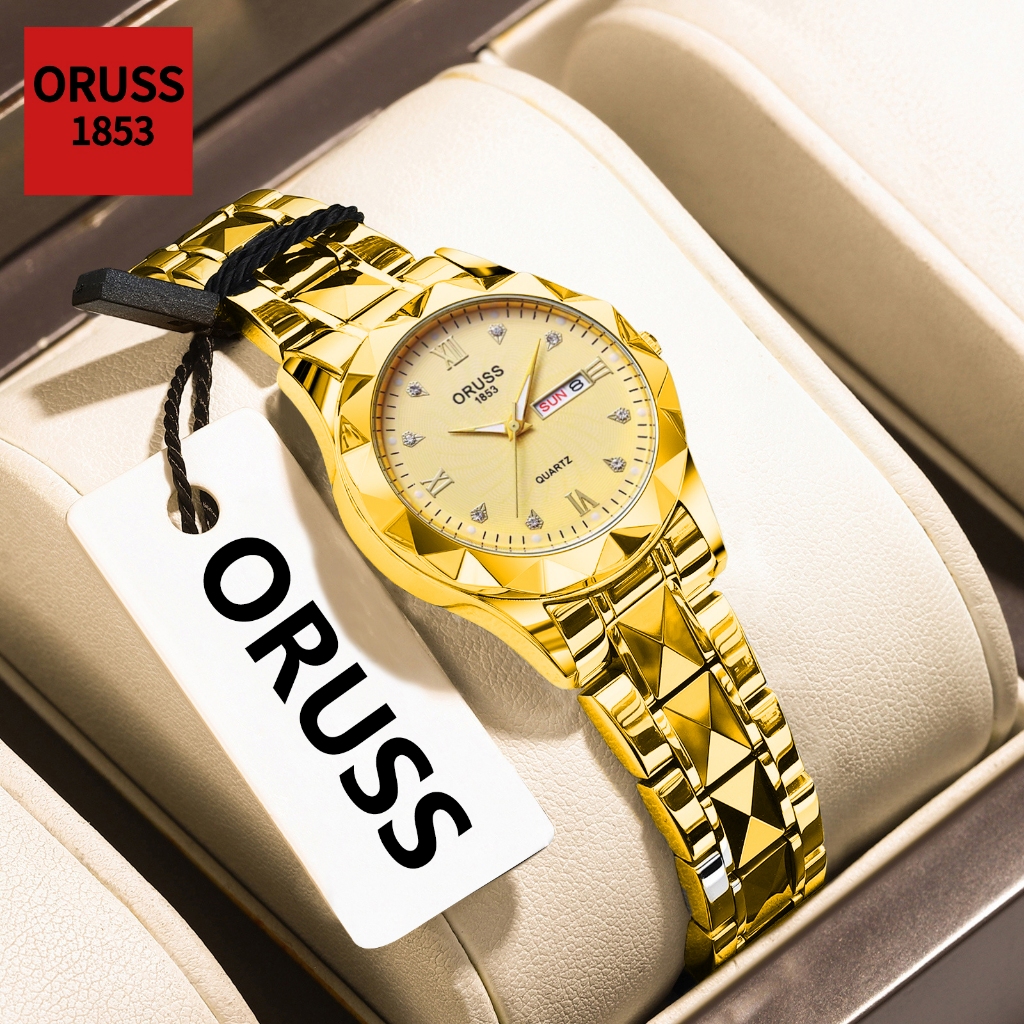 ORUSS Original หญิงหรูหรากันน้ํา Luminous Dual ปฏิทินทองสแตนเลสนาฬิกาขนาดเล็กแฟช
