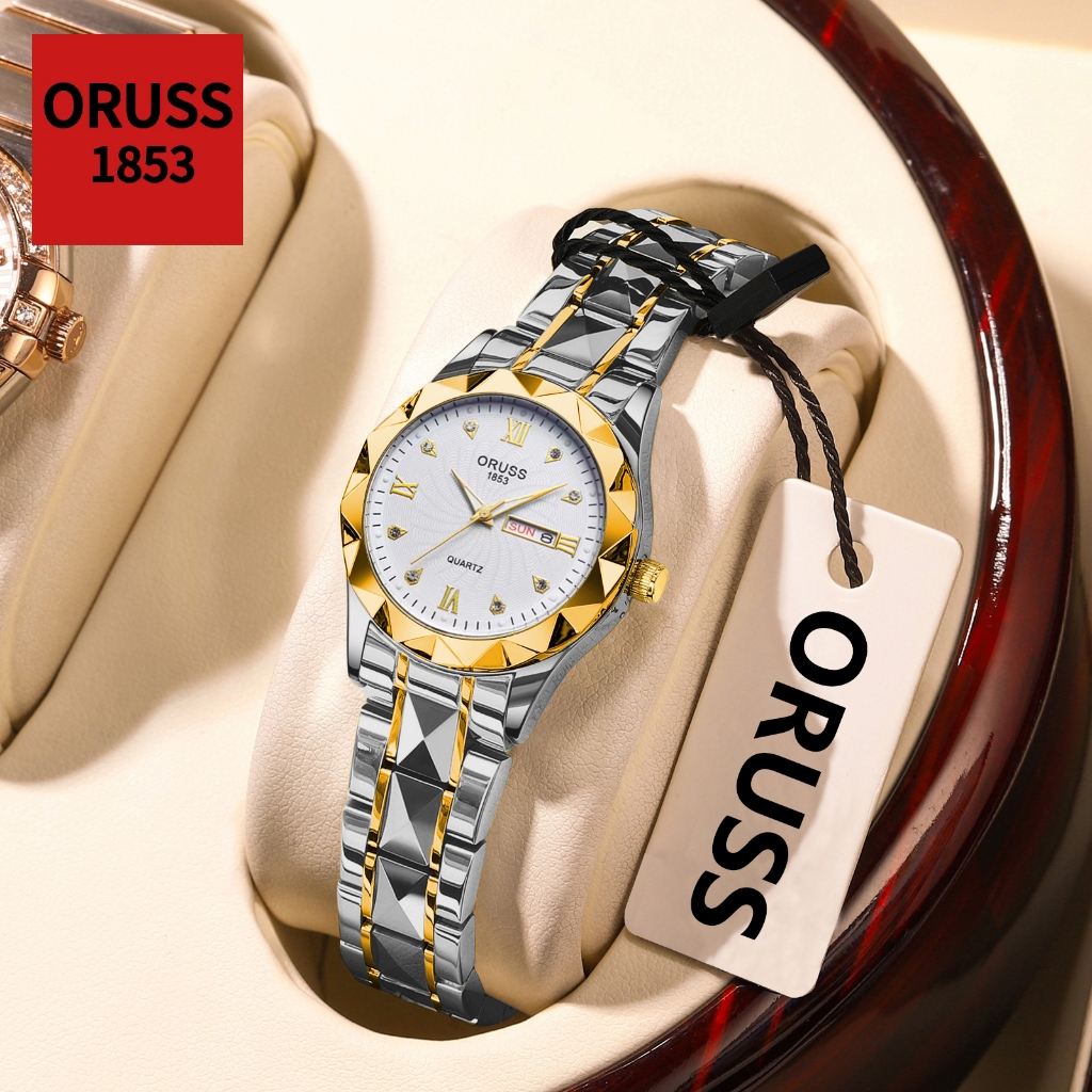 ORUSS รัส ต้นฉบับหญิงปฏิทินคู่หรูหราสแตนเลสกันน้ําส่องสว่างขนาดเล็กนาฬิกาแฟชั่นเวอร์ชั่นเกาหลีนาฬิกาควอตซ์