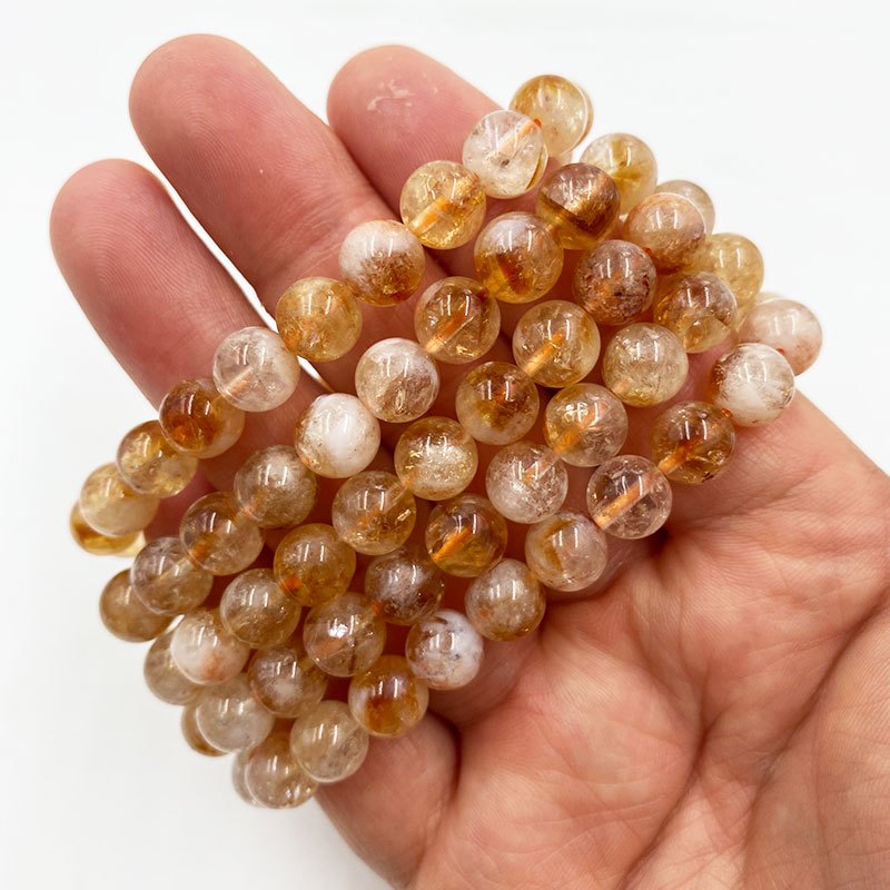 สร้อยข้อมือซิทรินหินธรรมชาติเดี่ยวตักคริสตัลสร้อยข้อมือรอบลูกปัดเชือกยืดหยุ่นกําไลข้อมือพลังงาน
