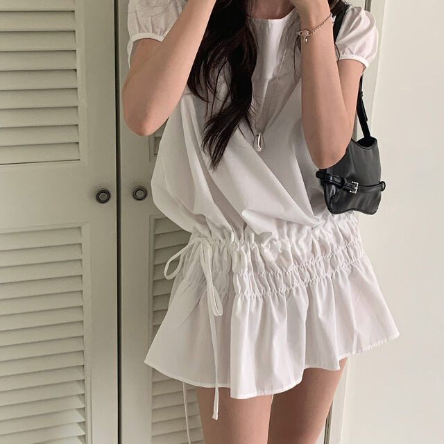 90870 ชุดเดรสสั้นเชือกยางยืด