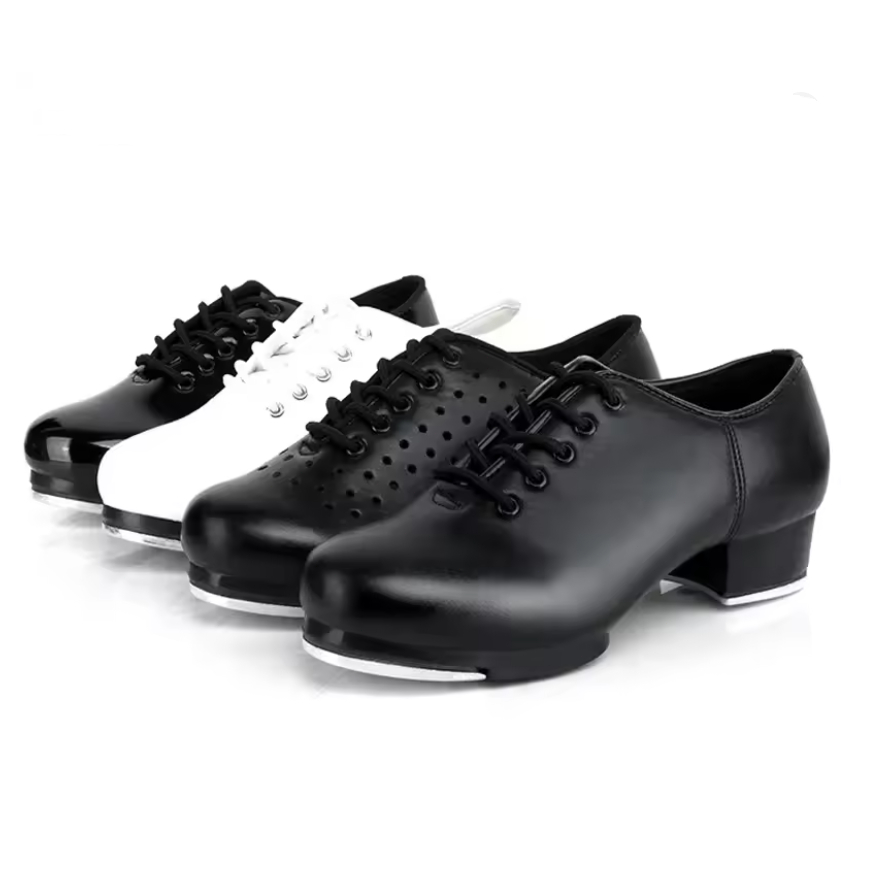 Qsuccua ผู้ใหญ่ Unisex Tap Dance หนังเลียนแบบ Cowhide แผ่นอลูมิเนียมรองเท้าเต้นรําส้นเตี้ย