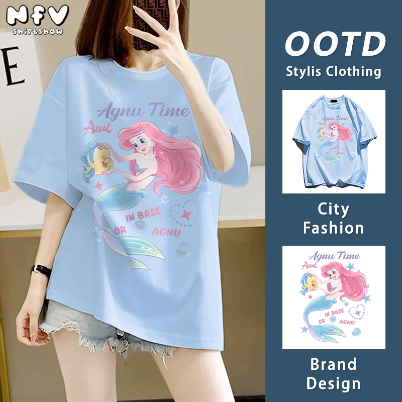 NFV พร้อมส่ง💙ลายพิมพ์นางเงือก แขนสั้น คอกลม เสื้อยืด ทรงหลวม ระบายอากาศ ผ้าคอตตอน YG307