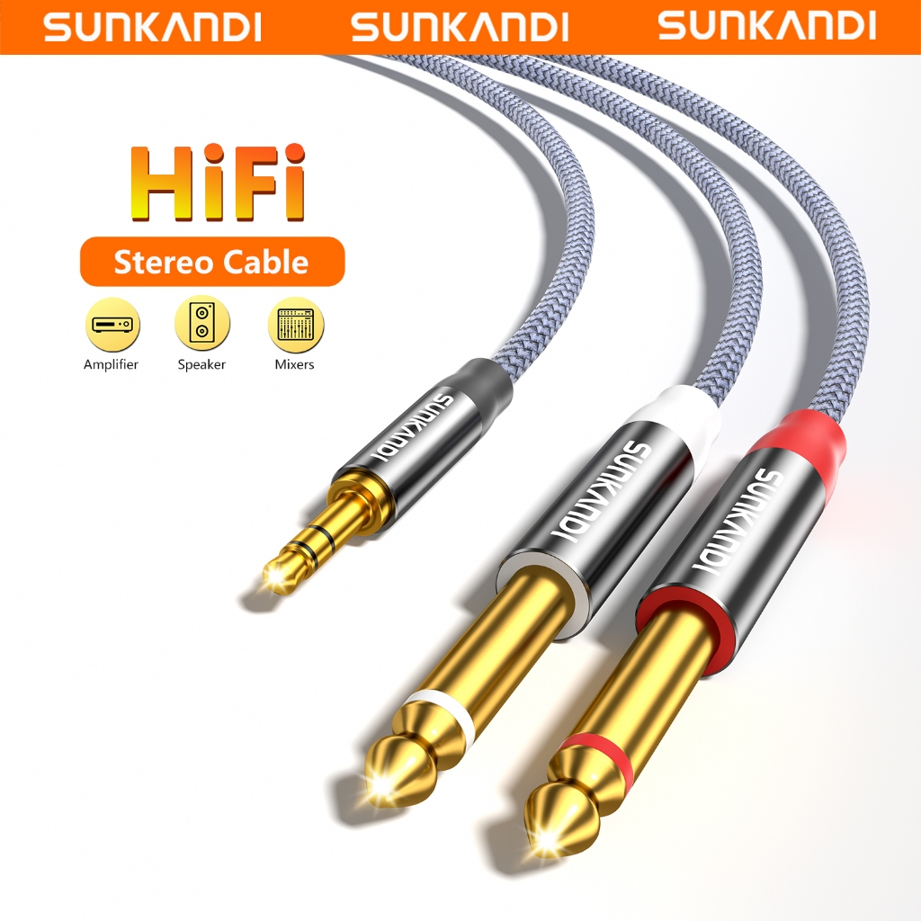 Sunkandi 3.5 มม.TRS ถึง Dual 6.35 มม.สเตอริโอแจ็ค 3.5 มม.1/8" TRS ถึง 6.35 มม.1/4 "TS Mono Y-Cable Splitter สายไฟสําหรับ iPhone ลําโพง