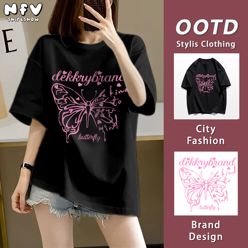 NFV มาใหม่🎀ลายผีเสื้อสีชมพู แขนสั้น คอกลม เสื้อยืด ทรงหลวม ผ้าฝ้าย ใส่สบาย แฟชั่นเกาหลี YG1160