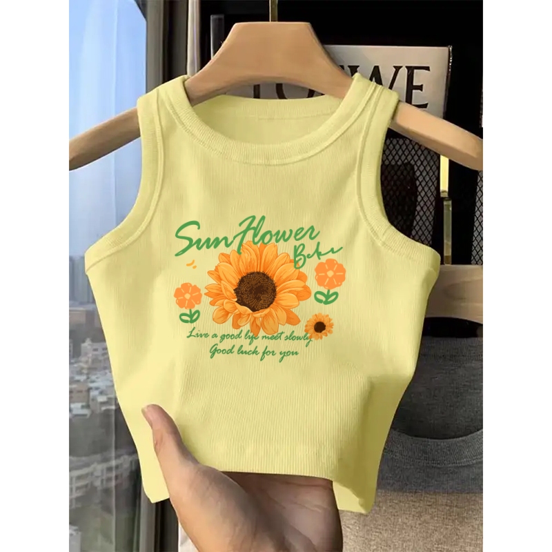 แฟชั่นเกาหลีสไตล์🎀ลายดอกทานตะวัน ชุดหน้าร้อน เสื้อผญ เสื้อ🌻สั้น เข้ารูป เซ็กซี่ สาวแซ่บ เสื้อกล้ามYG1867