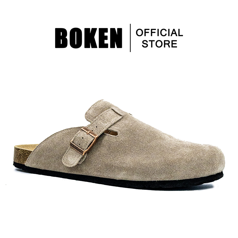 BOKEN รองเท้าแตะรองเท้าแตะ Mules ผู้ชายผู้หญิงกลางแจ้งชายหาดแบนคลาสสิก Casual Soft Suede Cork Clogs Baotou สีเทา