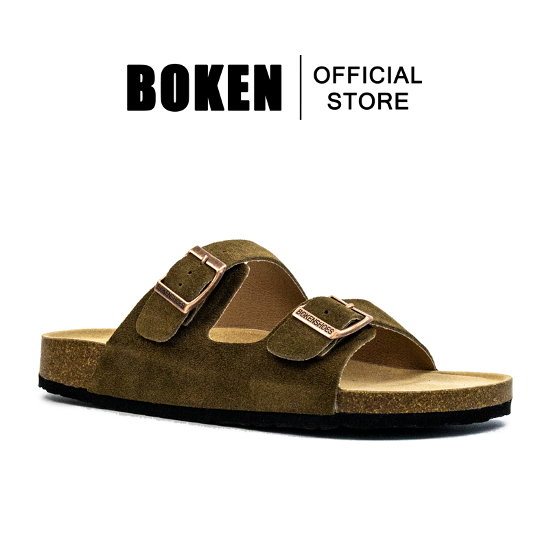 BOKEN โบเคน รองเท้าแตะรองเท้าแตะผู้ชายชายหาดกลางแจ้งสบายๆคลาสสิกแบนนุ่มจุกอุดตันสองสายสีเขียวมะกอก