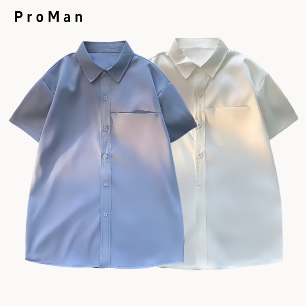 ⚡ProMan⚡เสื้อเชิ้ตญี่ปุ่นเรียบง่าย  แขนสั้นคอปกผู้ชาย  สีล้วน  คลาสสิกแมทช์ลุคง่าย  ลำลอง