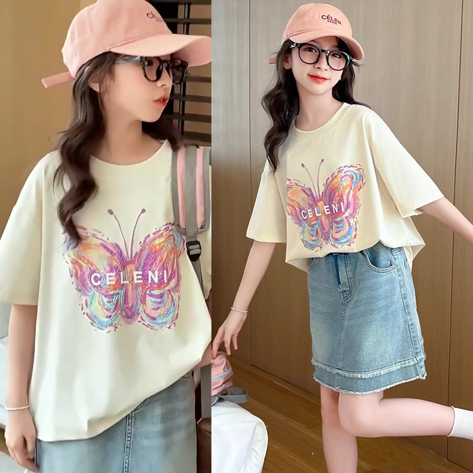 เสื้อลูกสาว เสื้อยืดเด็กผู้หญิง การออกแบบโบว์ เวอร์ชั่นเกาหลี แฟชั่น ระบายอากาศได้สะดวกสบาย สีเบจ ขนาด 130-160cm